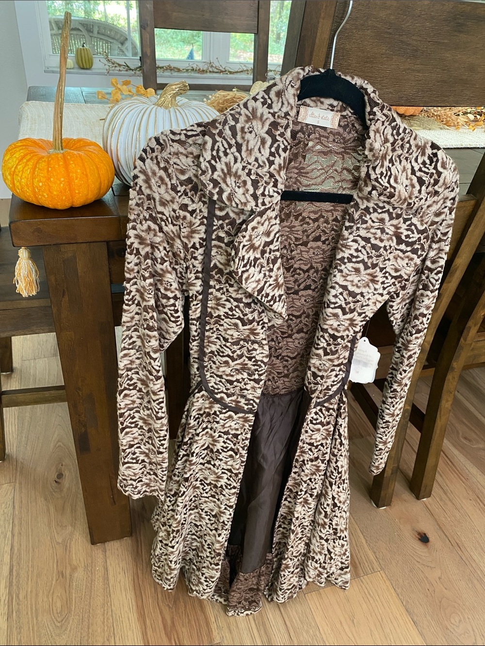 Altar'd State Brown & Cream Floral Lace Trench Coat